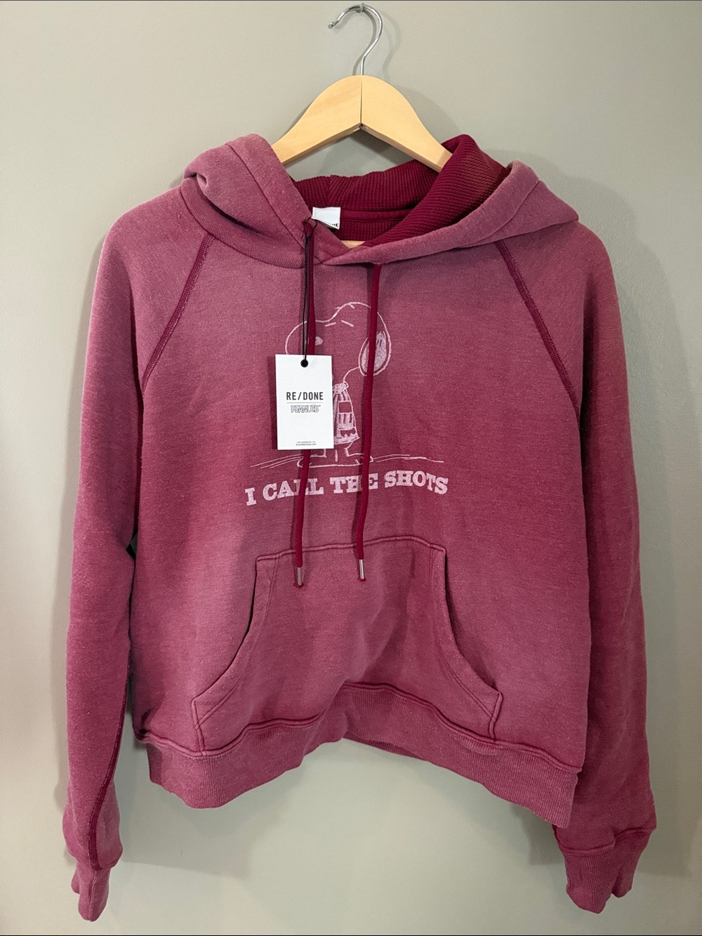 NWT Size S NWOT Re/Done Classic Peanuts Snoopy Thermal Lined Hoodie - Faded Beet
